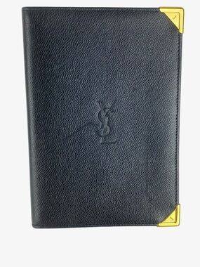 Vintage YSL Yves Saint Laurent Black Leather Passport Wallet Cristel Gold Corner